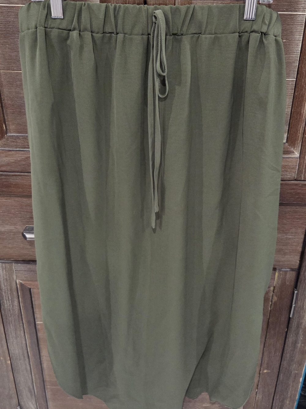 Olive Green Drawstring Waist Maxi Skirt Side Slit 2x